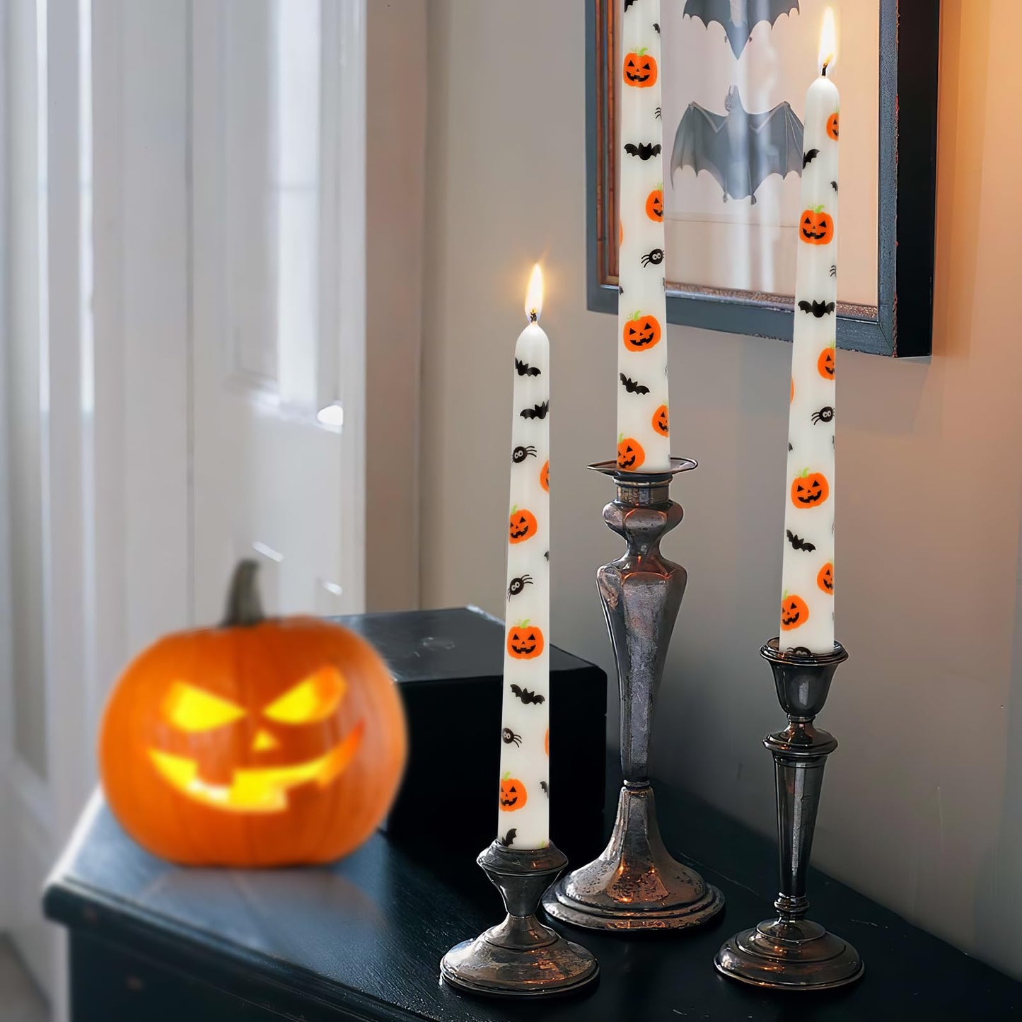 Tuitessine Halloween Taper Candles Decorative 10 Inch Tall Candle Set of 4 Unscented Pumpkin Bat Spider Candlesticks Halloween Dinner Table Decorations Party Decor Spooky Candles Gift