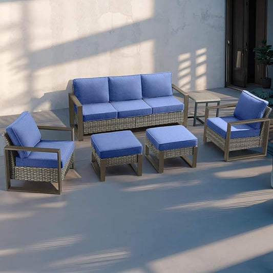 Outdoor Wicker Patio Furniture Set - 6 Piece Patio Conversation Set with 2 Wicker Armrest Chairs,2 Rattan Ottoman,1 Side Table and 1 Couch,Sturdy Frame,Thick Cushions,Deep Seating(Mixed Grey/Blue)
