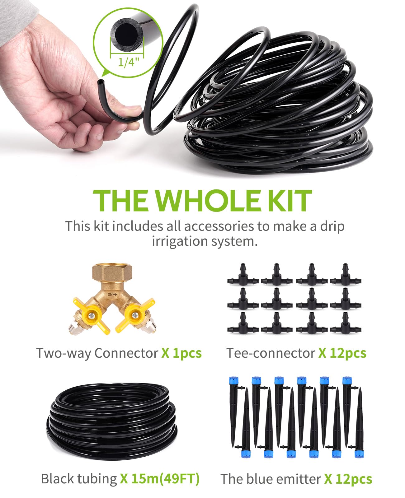 HIRALIY 50ft Drip Irrigation Kit Plant Watering System 8x5mm Blank Distribution Tubing DIY Automatic Irrigation Equipment Set for Garden Greenhouse Flower Bed Patio Lawn