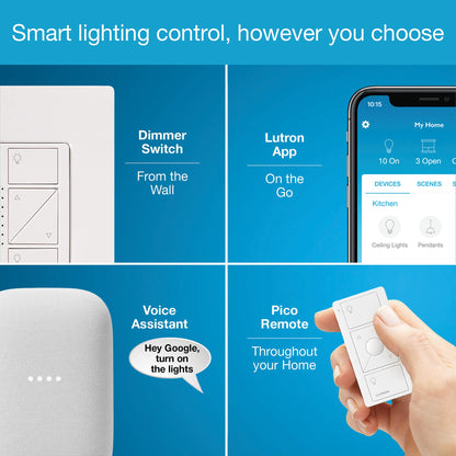 Lutron Caseta Smart Switch 3-Way Kit, with Pico Remote, Wallplate, Wall Bracket for LED Lights and Fans, 5 Amp, Neutral Required, P-PKG1WS-WH