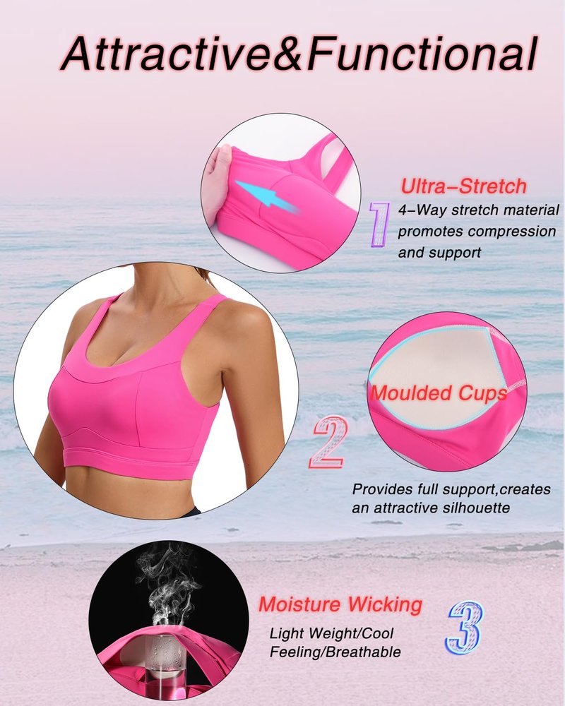 RUNNING GIRL High Impact Sports Bras for Women,Racerback Running Bra Workout Crop Tank Tops Longline Sports Bra Push up(WX2667 Hot Pink S)