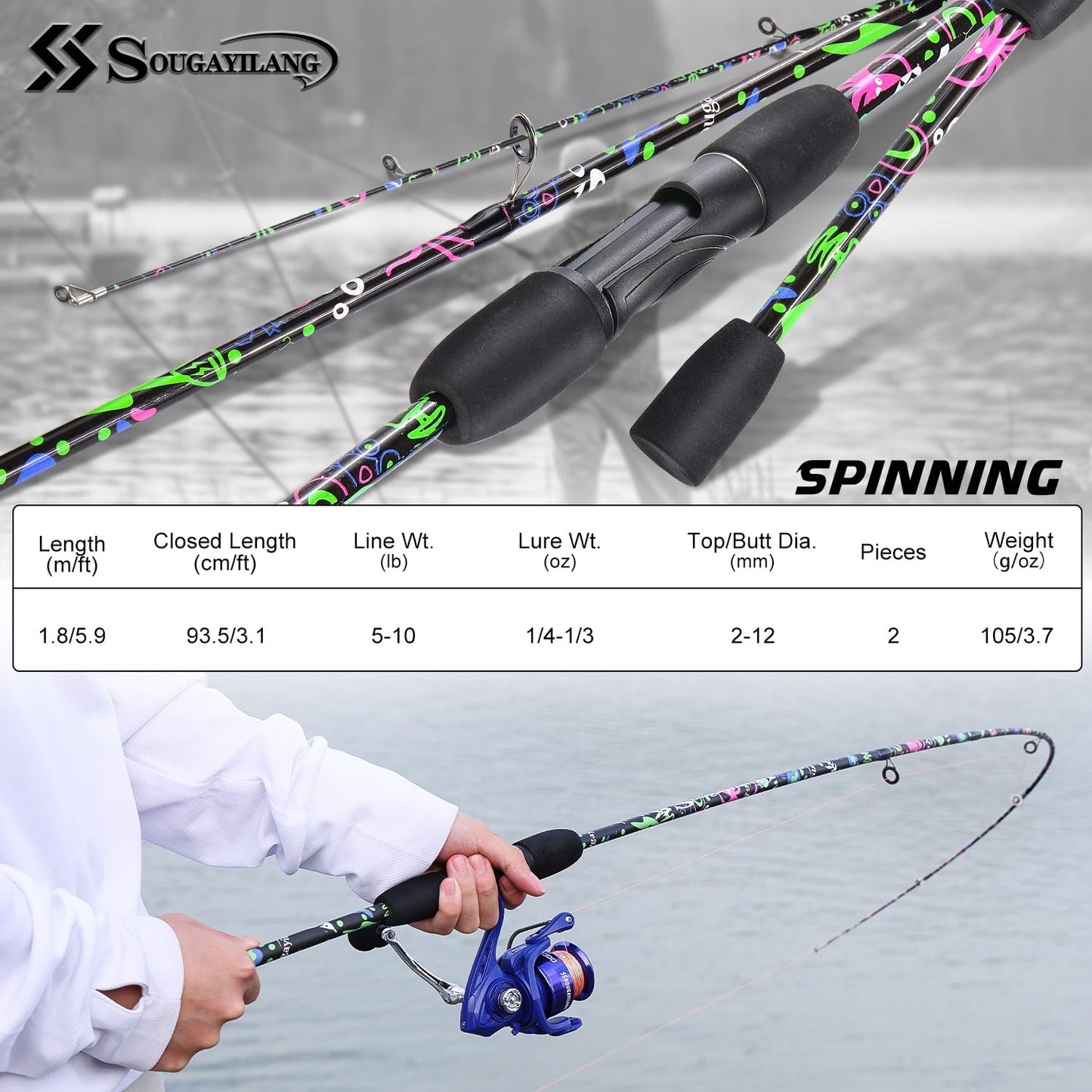 Sougayilang Fishing Rod, 2-Piece Fiber Glass Spinning Rod with EVA Grip, Smooth Transition Fishing Pole- 6'0"