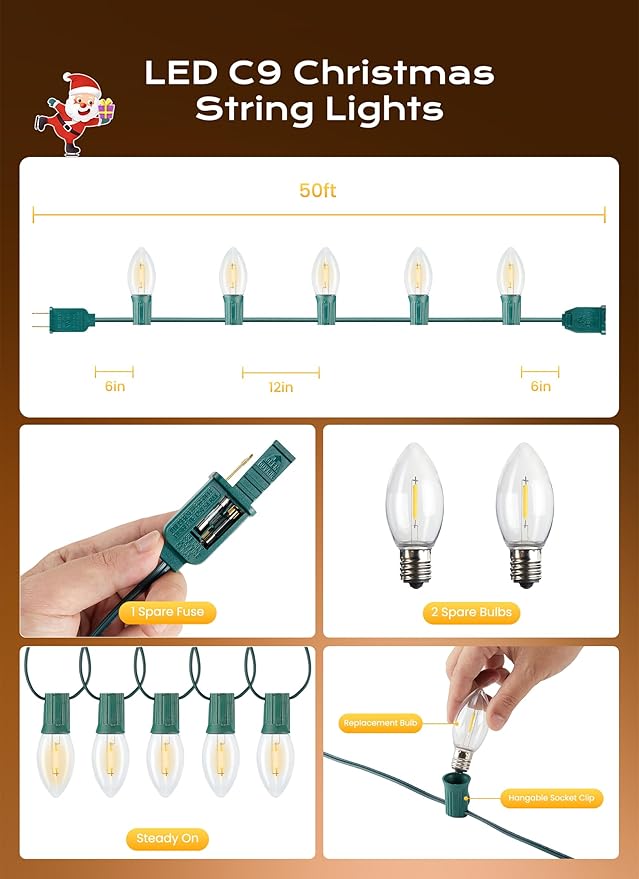 C9 Christmas Lights Outdoor, 50 FT 50 LED Vintage Warm White C9 String Lights Connectable for Christmas Tree Roofline Patio Garden Backyard Holiday Party Indoor Outdoor Decoration, Green Wire