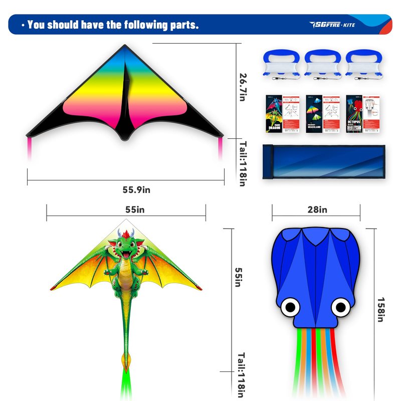SGftre 3 Piece Set Butterfly Delta Octopus Kites for Kids and Adults，Easy to Fly for Outdoor Adults Children Line Kite for Kids Toy (Green Dragon+ Delta+Octopus Blue, 3)