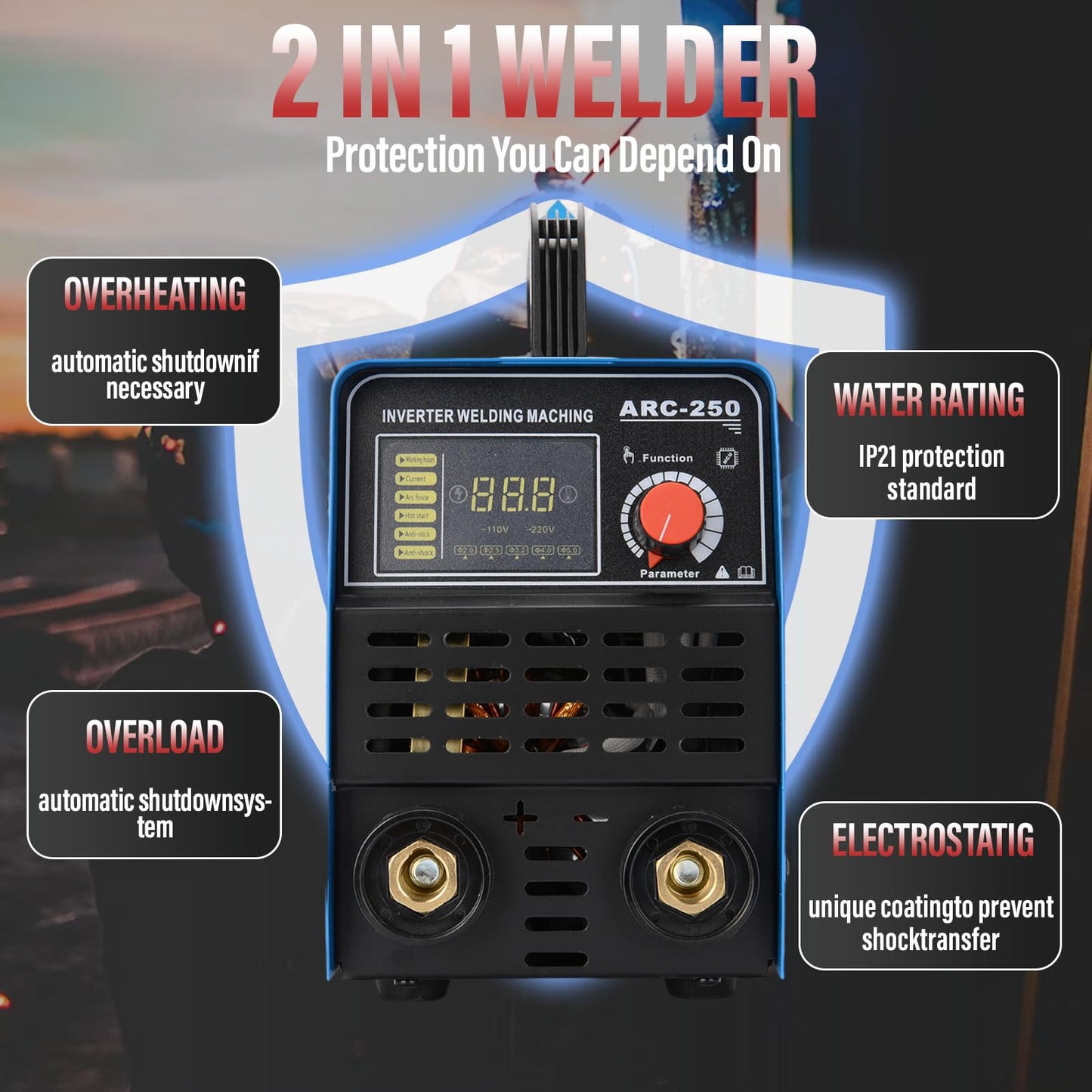 250A 110/220V Stick Welder,ARC/Lift TIG Welding Machine with Synergic Control,IGBT Inverter,Hot Start,Arc Force and Anti-Stick