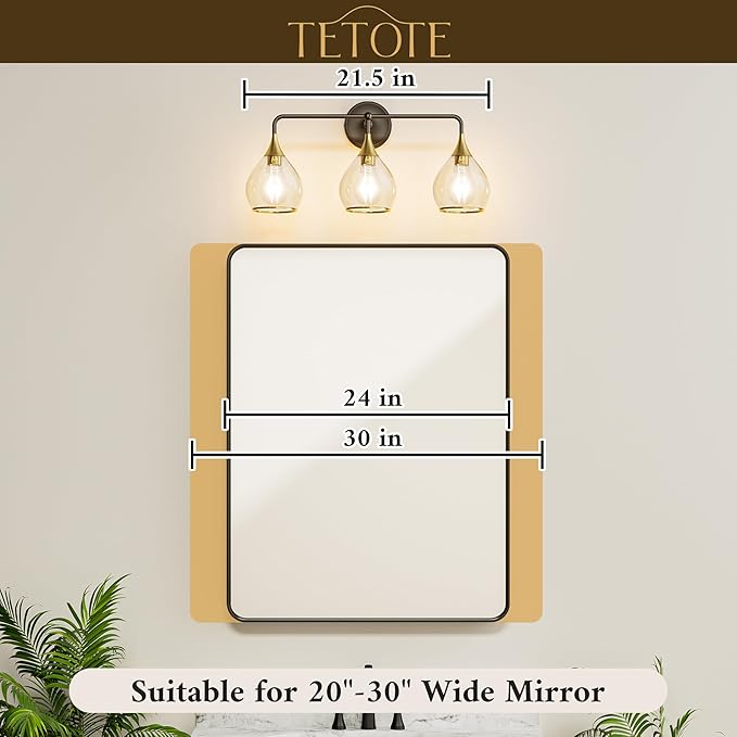 TETOTE 3-Light Modern Bathroom Light Fixtures, 3 Light Vanity Lights Over Mirror Gold Wall Lamp with Clear Glass for Bathroom, Mirror, Living Room, Bedroom, Hallway
