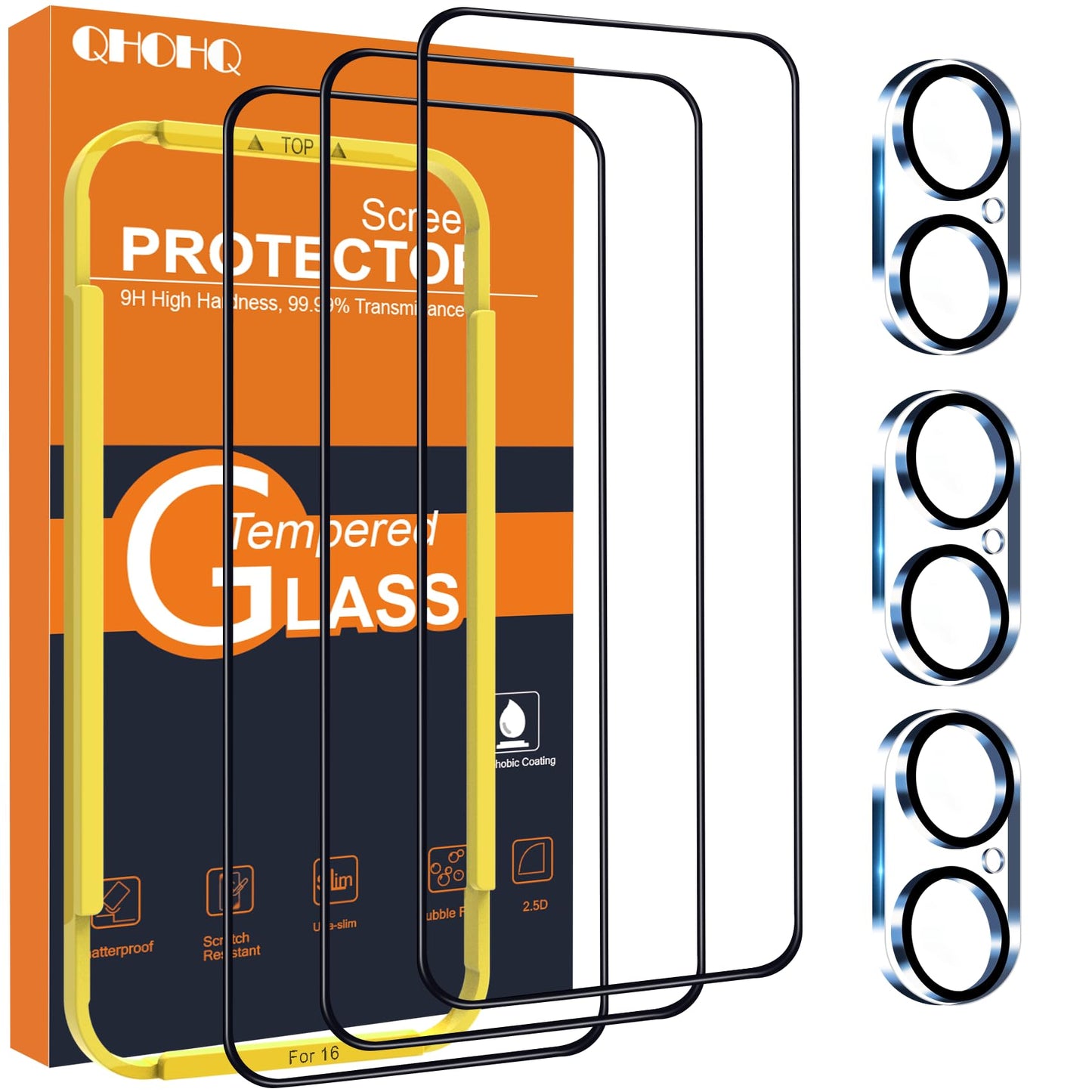 QHOHQ for iPhone 16 Pro Screen Protector with Camera Lens Protector, [Military Grade Shatterproof], Top 9H+ Tempered Glass, Full Edge Coverage, Ultra Durable, with Easy Installation Tool [3+3 Pack]