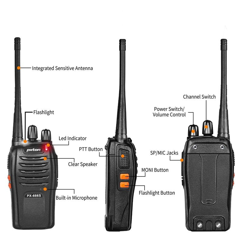 pxton walkie talkies, 666S walkie talkies for Adults Long Range Rechargeable with Headphones and Li-ion Battery,2 Way radios has VOX/Noise Reduction/TOT/Flashlight/Monitoring/Scan Function（2 Pack）