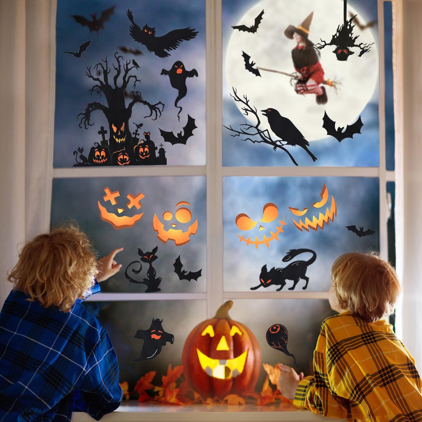 EkkoVla Halloween Window Clings - 9 Sheets Reusable Halloween Decorations, 72 PCS Ghost Tree Witch Zombie Patterns for Treat or Trick Party, Home, Classroom, Store Holiday Decor