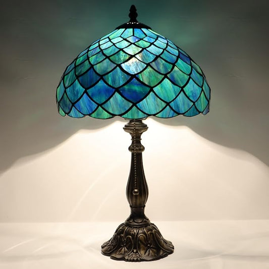 Tiffany Lamp Stained Glass Table Lamp Bedside Reading Light W12H19 Inches (Fishscale Style)