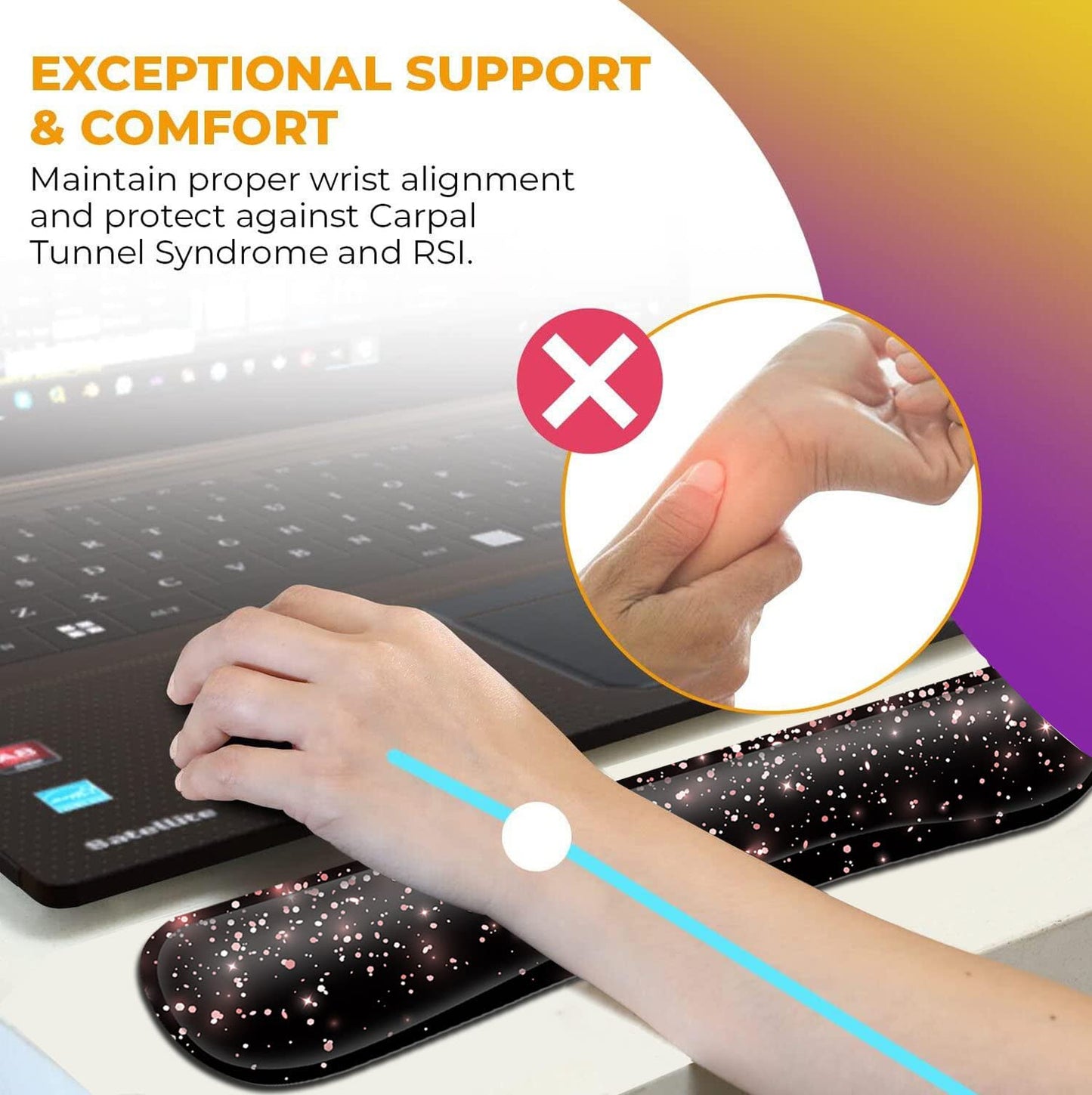 Ergonomic Gel Mouse Pad with Wrist Support - Soft Memory Foam Keyboard Rest, Dirt-Resistant, Suitable for Office Typing & Gaming, Rose Gold Glitter Pattern