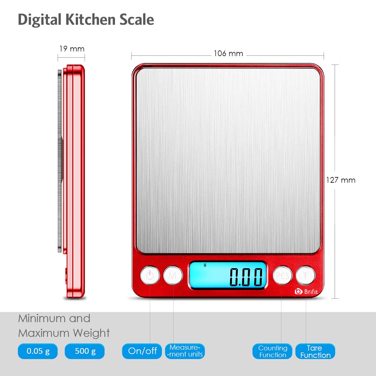 Brifit Pocket Scale, 500g x 0.01g High Precision Scale with 100g Weight, Mini Kitchen Scale with Backlit, 2 Trays, Jewelry Scale with Tare and PCS Function, Stainless Steel, Battery Included (Red)