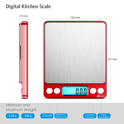 Brifit Pocket Scale, 500g x 0.01g High Precision Scale with 100g Weight, Mini Kitchen Scale with Backlit, 2 Trays, Jewelry Scale with Tare and PCS Function, Stainless Steel, Battery Included (Red)