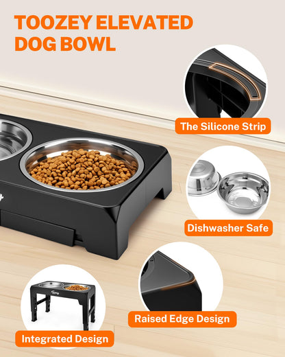 Toozey Raised Dog Bowl Height-Adjustable, Elevated Dog bowls with 2x 1200ml Stainless Steel Bowls, for Small Medium & Large Dogs, Non-Slip and No Spill, Black