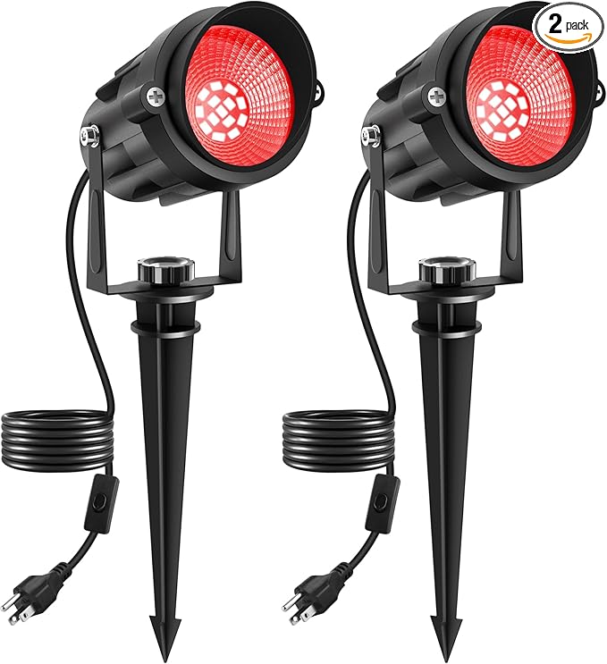 Christmas Red Landscape Lights Outdoor, 14 LED Landscape Lighting with US Plug, IP65 Waterproof Spotlights for Tree Yard Garden Pathway Halloween Decor 2 Pack