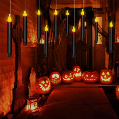 Floating Candles With Remote - 10 PCs Magic Hanging Flameless Taper Lights, Flickering Warm Battery Operated LED Window Decor for Home, Church, Horror Party, Halloween - Black