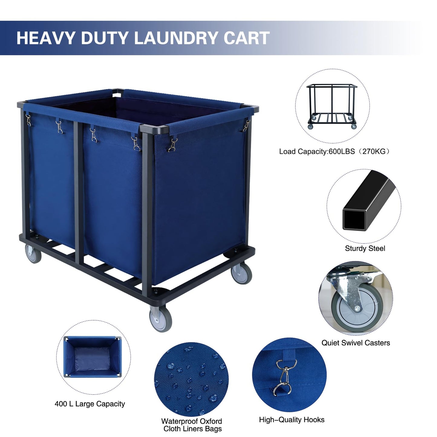 Supiezent Commercial Laundry Cart with Wheels,600 lbs Industrial Laundry Cart with Steel Frame and Oxford Cloth Bag,Rolling Heavy Duty Laundry Cart with Wheels for Hotel,Housekeeping,400L(Blue)