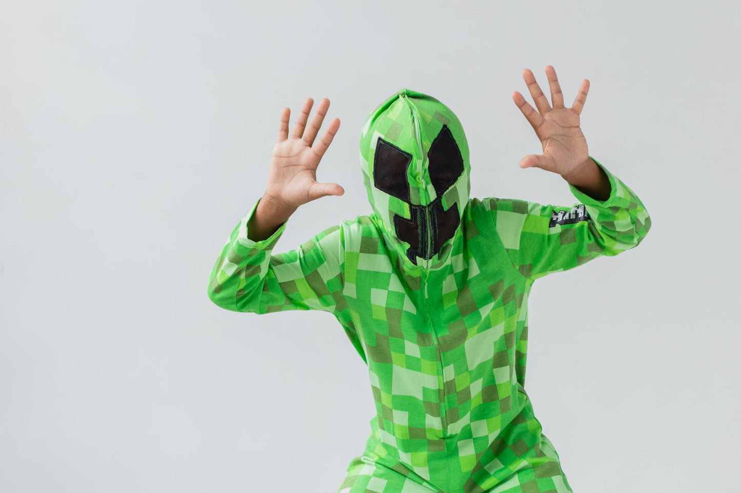 Minecraft Creeper Little Boys Cosplay Zip Up Coverall with Mesh Hood Mask Green 7-8