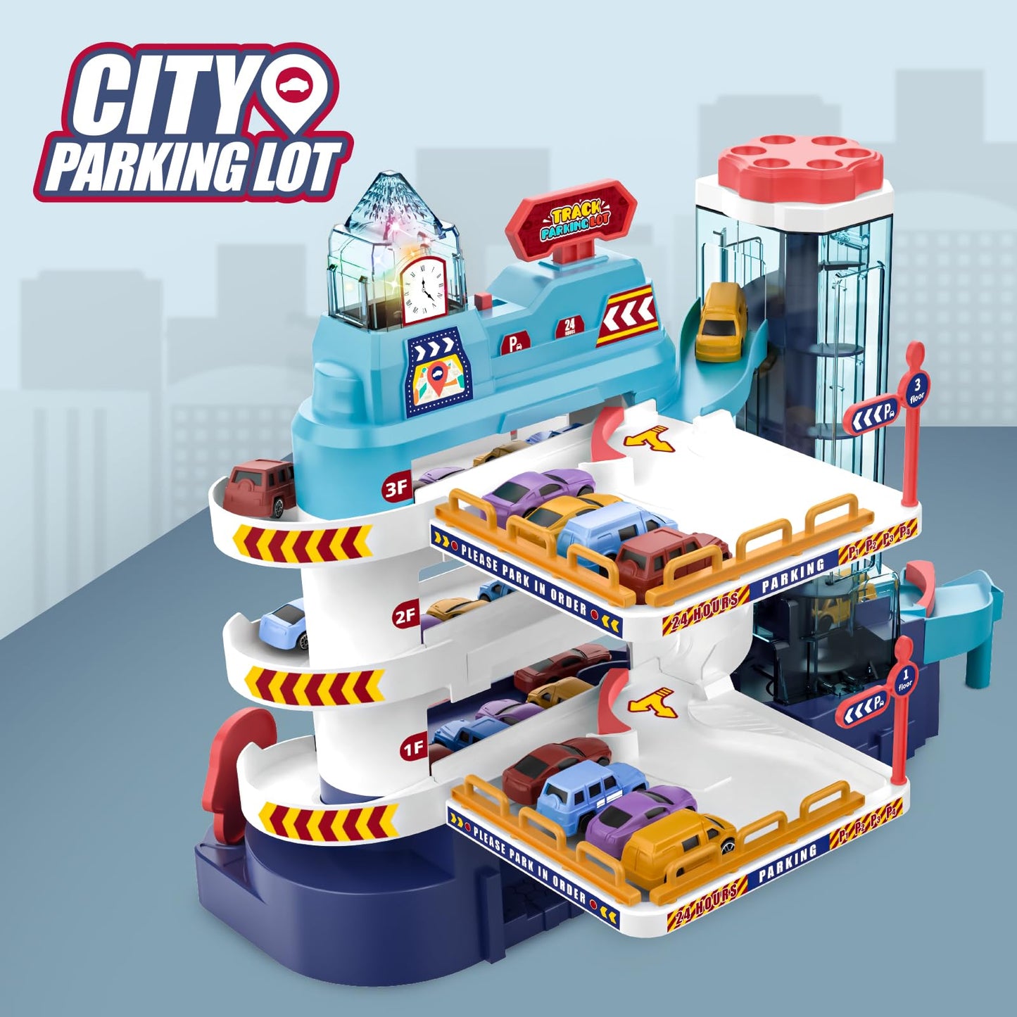 deAO Toy Car Garage Track Set with Music and Light Effects for Kids, 3-story Parking Building with Electric Elevator, Kids' Play Vehicle Garages for 3+ Years Old Boys Girls Christmas Birthday