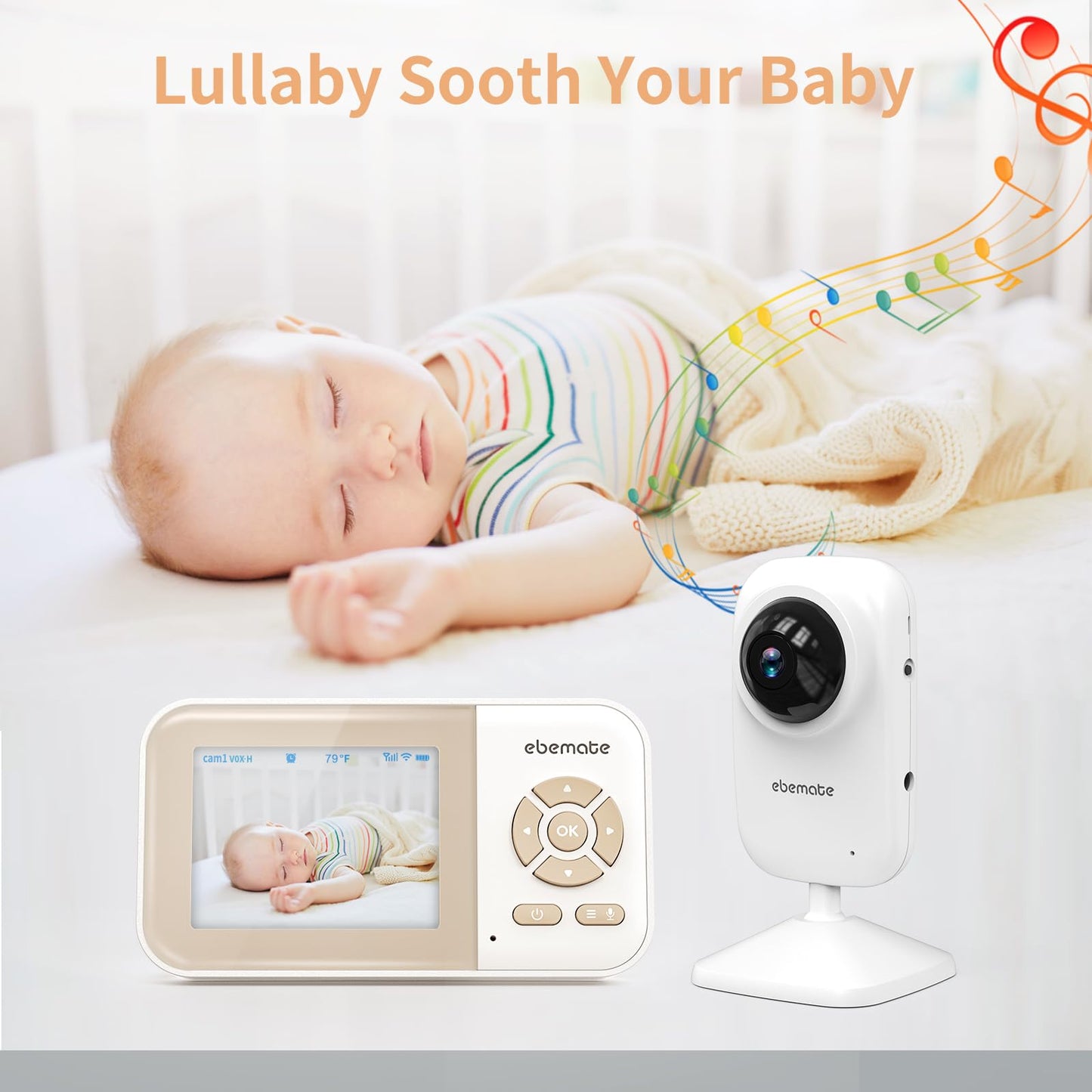 ebemate Video Baby Monitor Camera with 2 Camera,2.8" LCD Screen Video & Audio No Glow Night Vision,2-Way Talk Audio Cam Baby Monitoring 1200FT Range EBE28-2