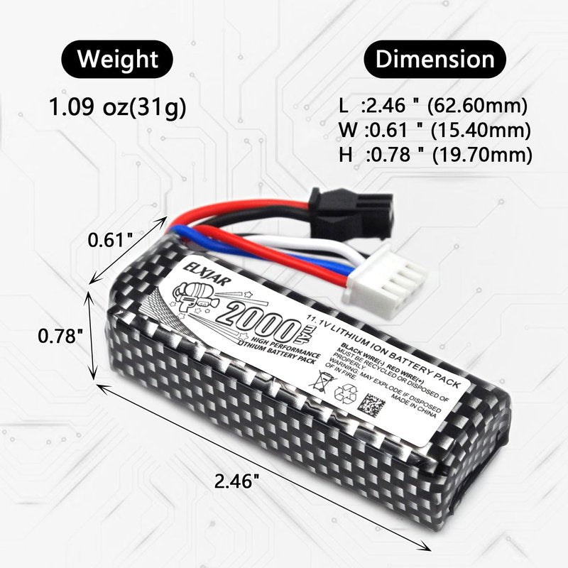 elxjarpower (4-Pack) 11.1V 2000mAh Li-Po Rechargeable Battery with SM2P Plug & USB Cable, Compatible with WPL RES V-3 ESC 1/16 RC Crawler, 501855 Soft-Gun & Water-Gun Toys