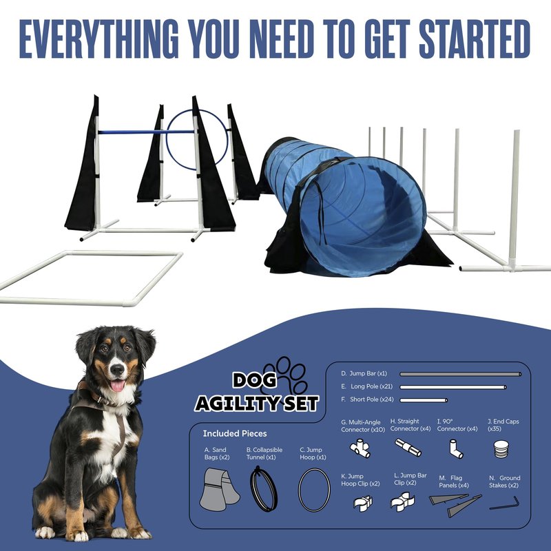 Houseables Dog Agility Course Backyard Set, Dog Agility Equipment, Obstacle Course Backyard, Training and Exercise Equipment, Play Tunnel, Weave Poles, Jumps, Pause Box for Playground, Park, Indoor