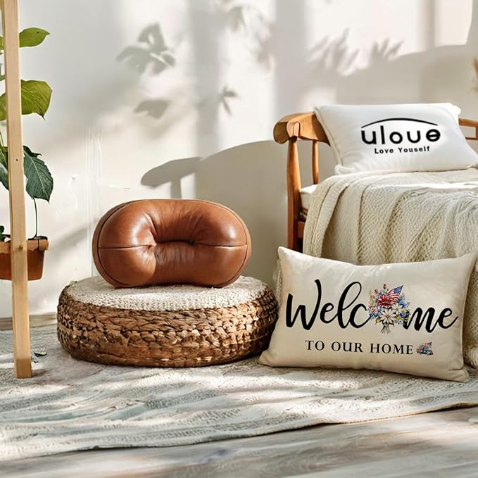Patriotic Welcome Throw Pillow Covers 12 x 20 Inch Farmhouse Summer Holiday Decorative Lumbar Pillowcases Flowers Cushion Covers for Front Porch Decor Housewarming Gifts (Blue/Red)