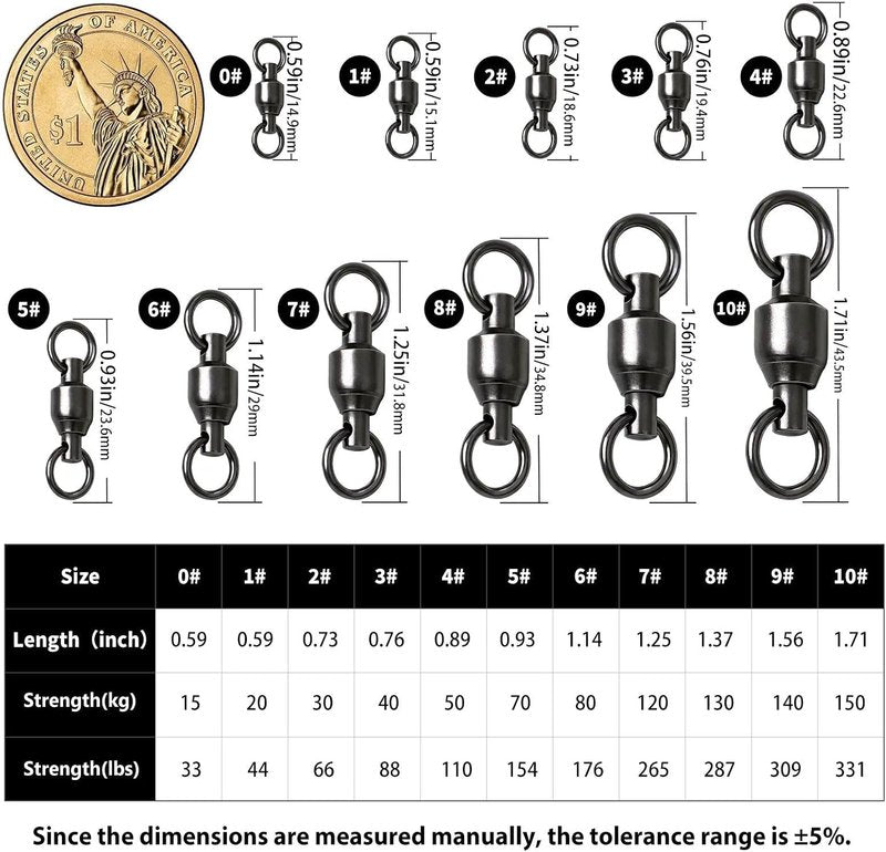 Ball Bearing Fishing Swivels - High Strength Stainless Steel Tackle | 30/50 Pack, Size 0#-10#