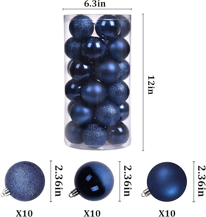 30ct Christmas Ball Ornaments, 2.36" Shatterproof Christmas Tree Decorations, Perfect Hanging Ball for Indoor/Outdoor Holiday Party Decor (Dark Blue)