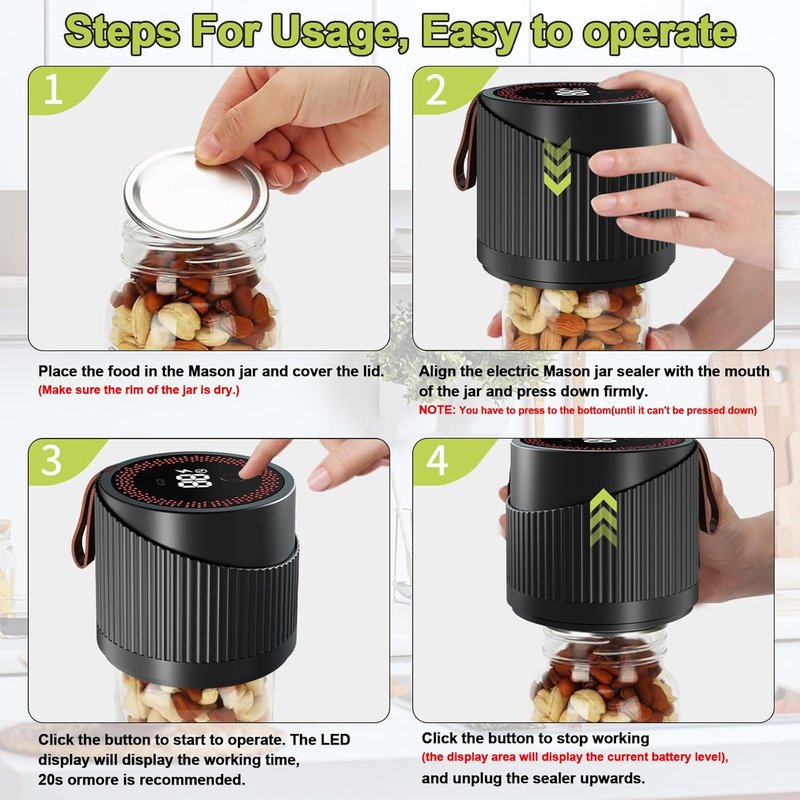 Mason Jar Vacuum Sealer Kit - 2-in-1 Electric Food Saver with Wide & Regular Mouth Lids | Ideal for Canning