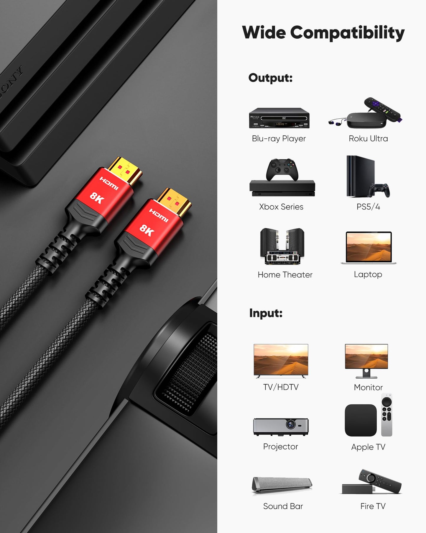 Highwings 8K 10K HDMI 2.1 Cable 6.6FT/2M 2-Pack, Certified Ultra High Speed HDMI Cable Braided Cord-4K@120Hz 8K@60Hz, DTS:X, HDCP 2.2 & 2.3, HDR 10 Compatible with Roku TV/HDTV/Blu-ray