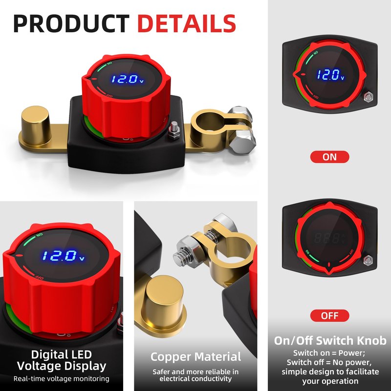 Joinfworld Top Post Battery Disconnect Switch 12V-48V with Led Voltmeter, DC 5-60V Battery Kill Switch Negative On/Off Battery Cut Off Switch for Marine, Cars, Vehicles, RVs and Boats