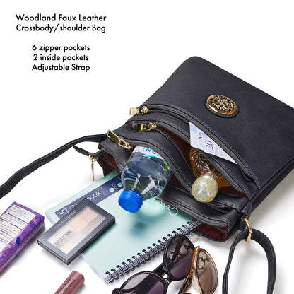 Woodland Leathers Crossbody Bags For Women, Multi Zipper Spacious Cross Body Bag Women With Adjustable Crossbody Strap, Golden decorated Women's Hobos & Shoulder Bags (Black)