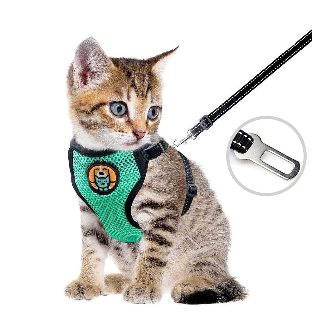 AWOOF Reflective Kitten Harness and Leash Escape Proof with Car Seat Belt, Adjustable Cat Puppy Walking Jacket with Metal Leash Ring, Soft Breathable Small Pet Vest (S)