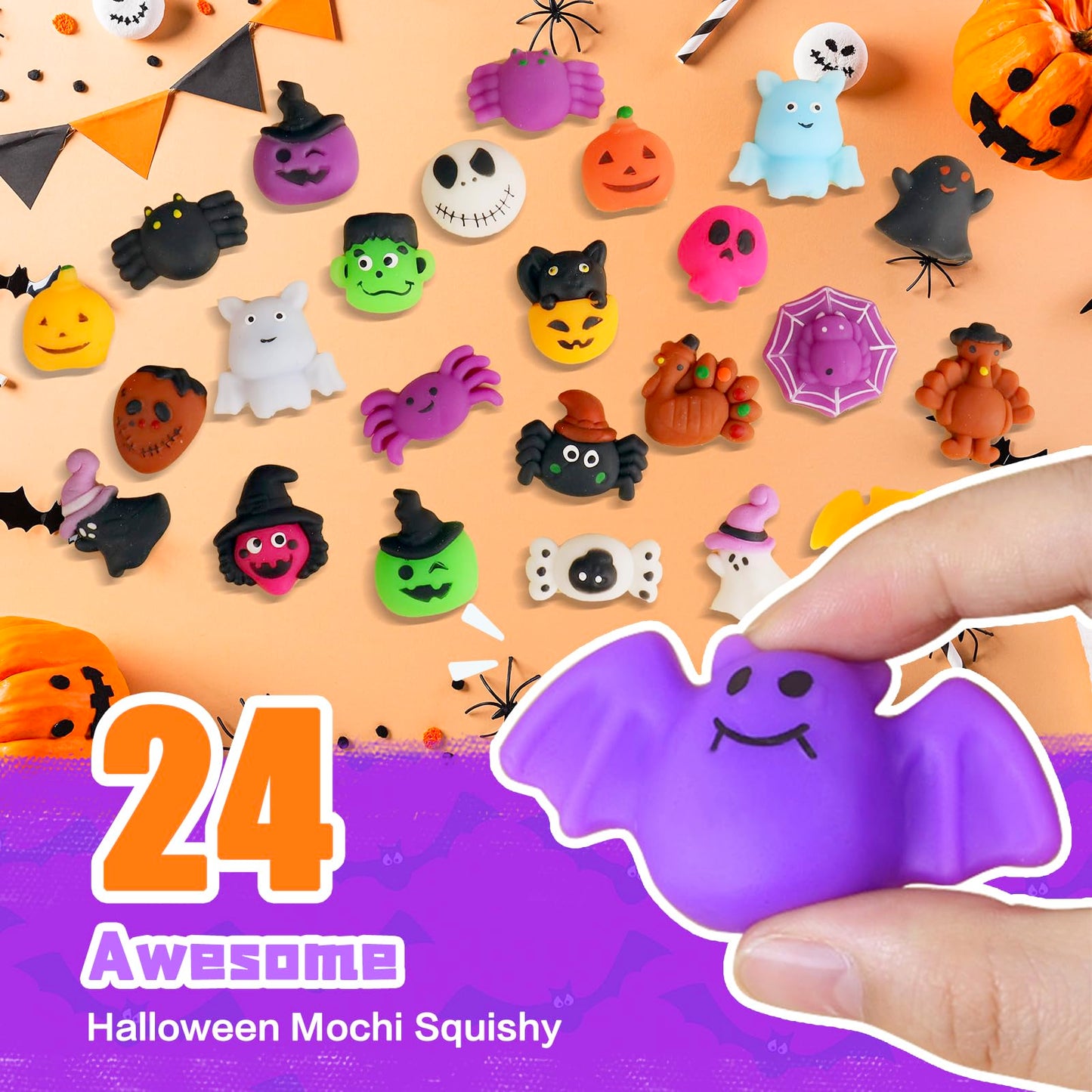 JDSTY 24Pcs Halloween Mochi Squishy Toys Stress Relief Squishies for Kids Girls Boys Halloween Party Favors Halloween Treat Bags Gifts