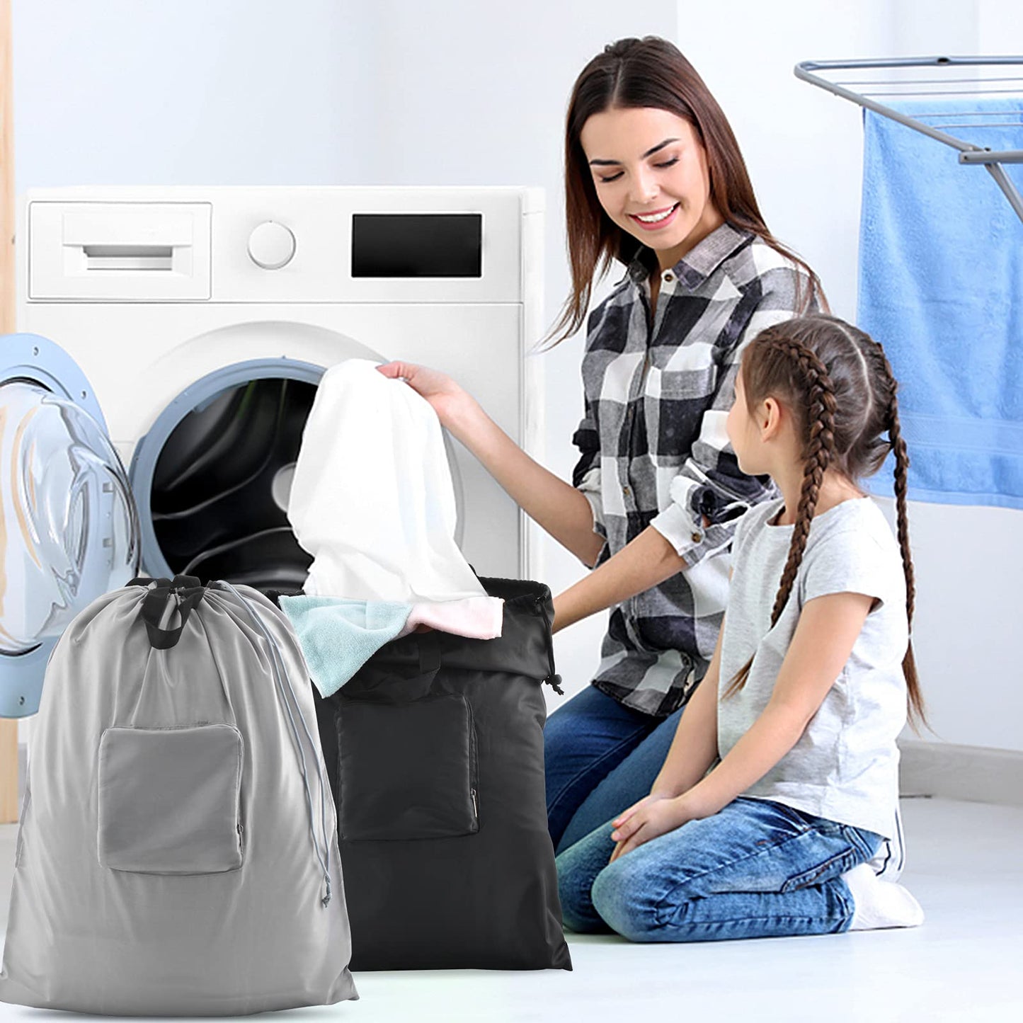 2 Pcs JHX Travel Laundry Bags, Dirty Clothes Organizer【Upgraded】with Handles and Aluminum Carabiner for Travel, Camp, Fitness, and Students (Black&Grey) 24"L x 21"W