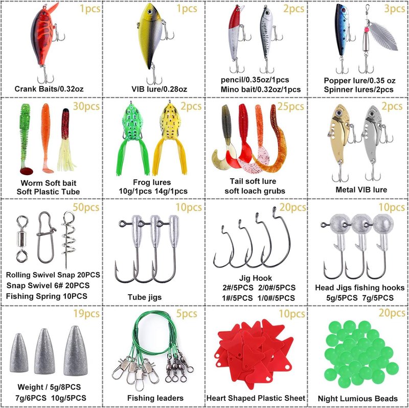 PLUSINNO 210pcs Fishing Lures Fishing Tackle Box Fishing Gifts for Men, Bass, Trout Fishing Accessories Kit for Saltwater & Freshwater Fishing Gear Including Topwater Lures, Hooks, Spinnerbaits