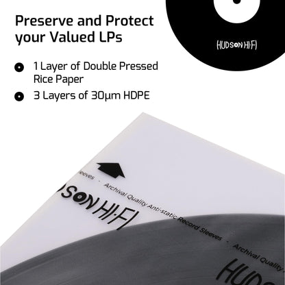 Hudson Hi-Fi Anti-Static Vinyl Record Inner Sleeves 250 Pack - Durable Clear Disc Sleeves- Protect Your LP Albums from Scratches, Dust & Dirt - Acid-Free Rice Paper Interior Disc Covers