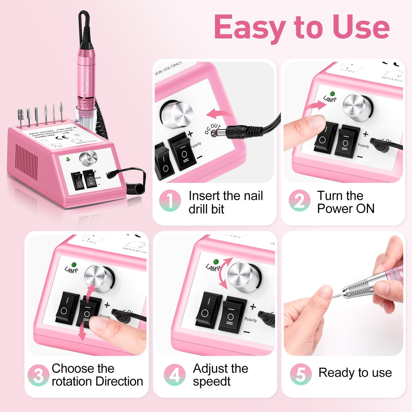 20000RPM Electric Nail Drill Professional Nail File Drill Acrylic Nails Kit for Manicure Gel Nail Polish Remover with 1 Pack of Sanding Bands(Pink)