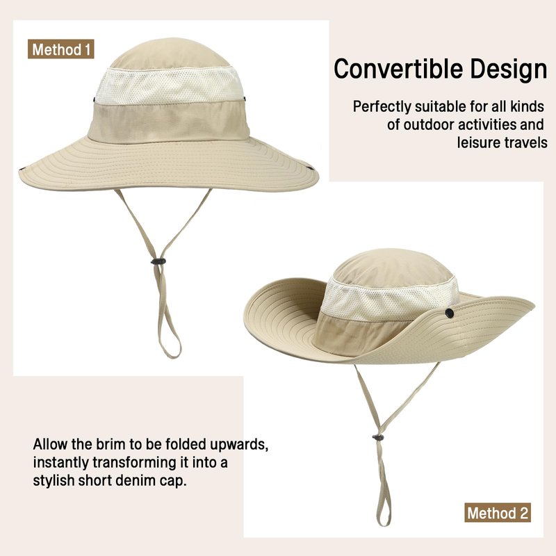 KUANG! Men Women Sun Hats Fishing Hat UPF 50+ Breathable Wide Brim Hiking Summer UV Protection Bucket Hats Beige