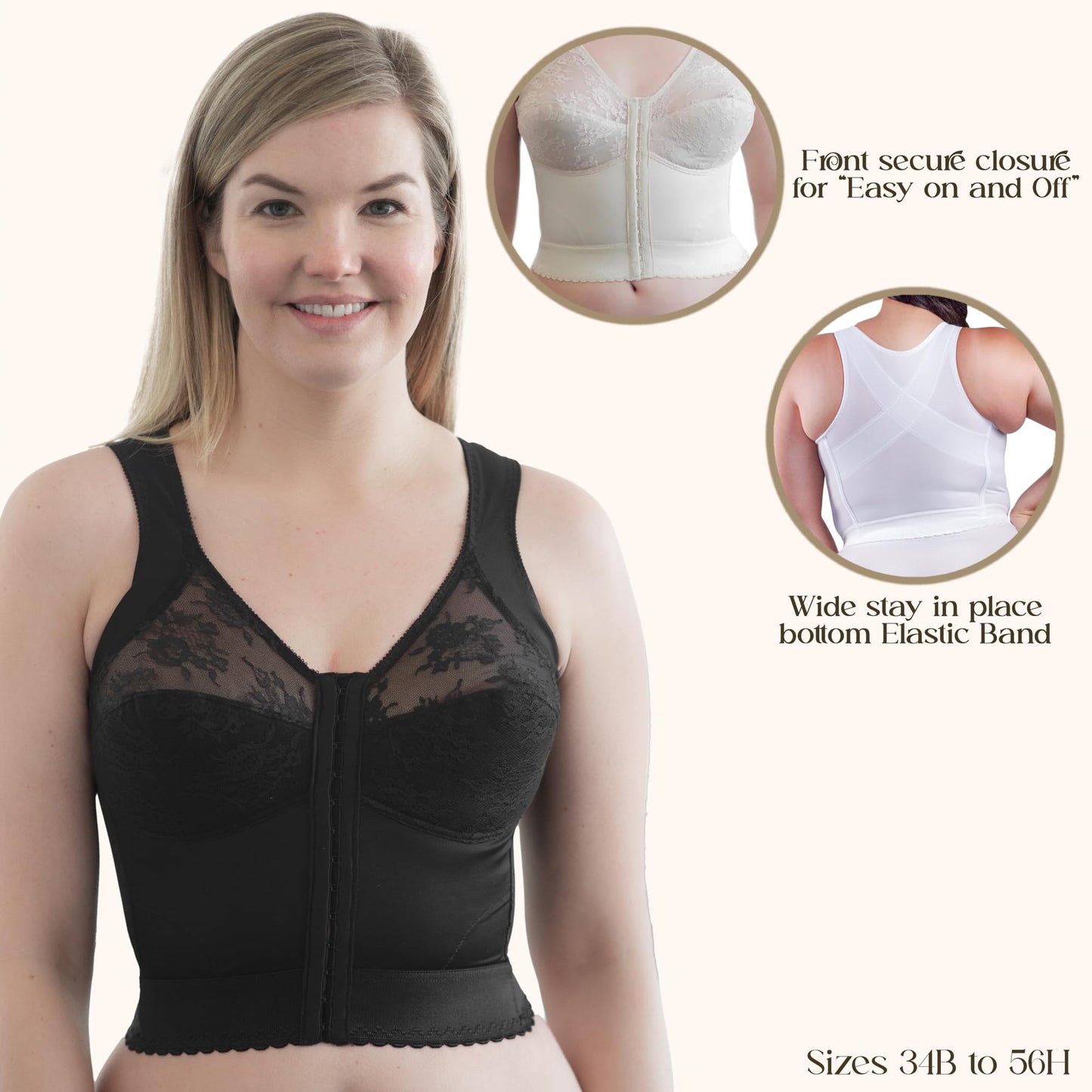 Front Closure Longline Bra | 9603 | Made in USA | Wire-Free Comfort w/Back Support | Soft Cups | 40DD / Black