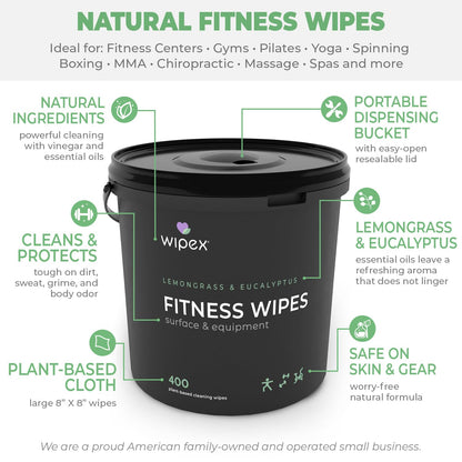 Wipex Yoga Mat Cleaner Wipes - Plant-Based Lemongrass, Eucalyptus & Vinegar Wipes for Gym & Fitness Equipment & All Purpose Gym Cleaning - Safe for Peloton Bikes & Treadmills - 400 Count