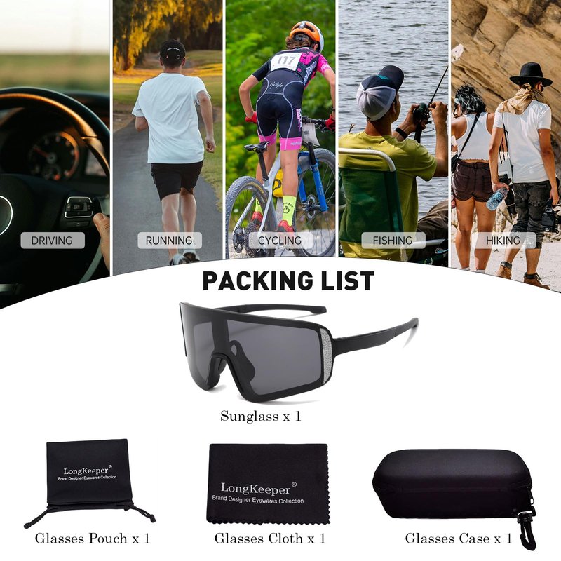 Long Keeper Cycling Sunglasses for Women Men Youth Running Riding Baseball Sports Sun Glasses Windproof Driving Sports Shades (Black Frame Dark Grey Lens)
