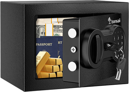 Bonsaii Safe Box with Electronic Keypad, Steel Security Lock Box with Key, 0.23 Cubic Feet, 9.06" W x 6.69" D x 6.69" H, Small Hidden Safe for Cash Jewelry