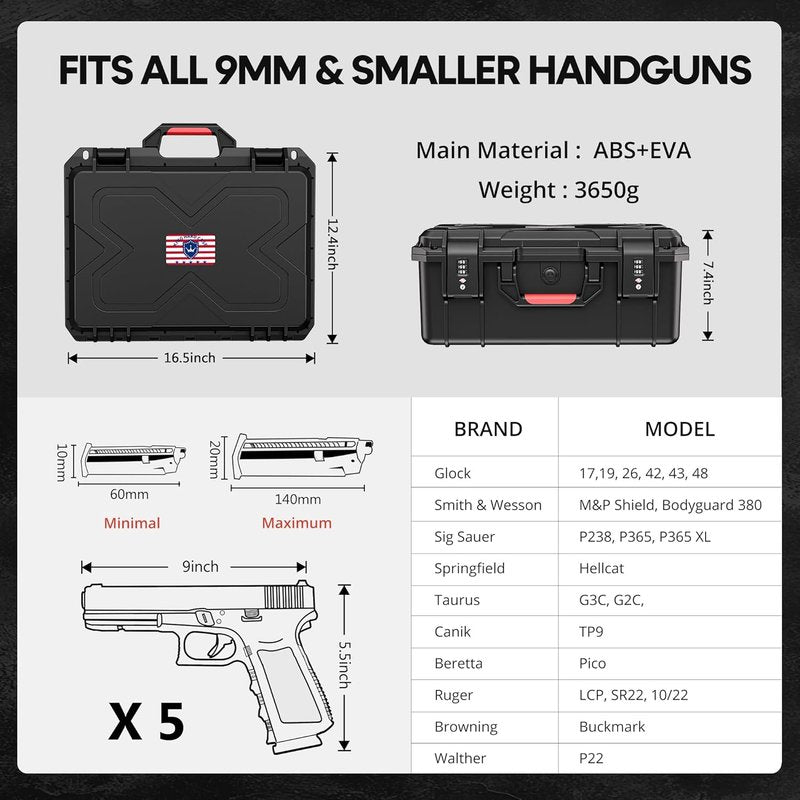 Pistol Gun Case - Shockproof & Waterproof Hard Case with Pre-Cut Foam | Holds Multiple Handguns, TSA Approved Locks