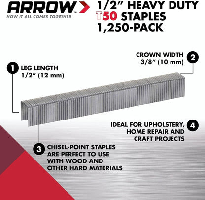 Arrow 508 Heavy Duty T50 1/2-Inch Leg Length, 3/8-Inch Crown, Staples for Upholstery, Construction, Furniture, Crafts, 1250 Count(Pack of 1)