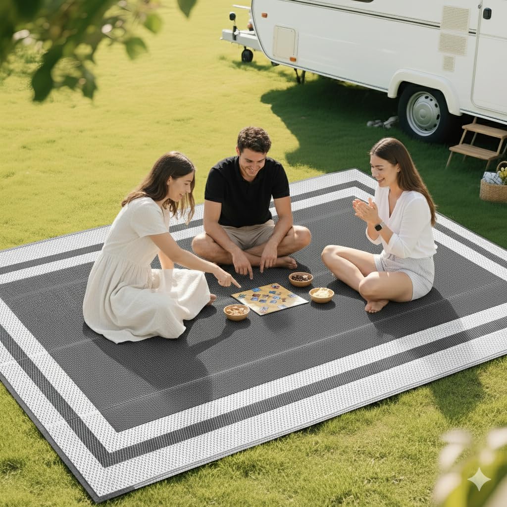 RURALITY Outdoor Rugs 5x8 Waterproof for Patios Clearance,Plastic Straw Mats for Backyard,Porch,Deck,Balcony,Grey&White