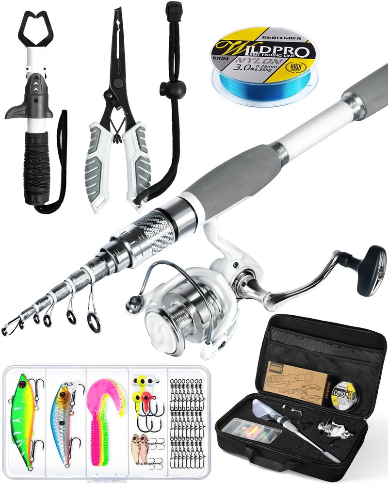 Ghosthorn Fishing Rod and Reel Combo Carbon Fiber Telescopic Fishing Pole Carrier Bag Portable Kit Saltwater Freshwater (Fishing kit with plier&Lip Gripper, 2.4m 8ft)