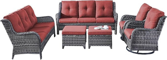 Rilyson Wicker Patio Furniture Set - 6 Piece Rattan Outdoor Sectional Conversation Sets with 2 Rocking Swivel Chairs,2 Ottomans and 2 Sofa for Porch Deck Garden(Mixed Grey/Red)