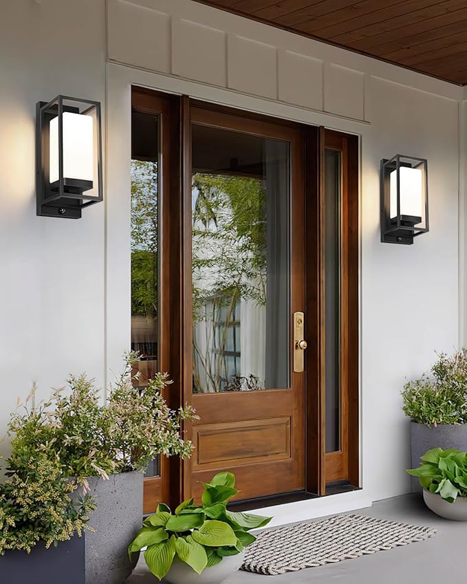 SHIMR Outdoor Wall Light with Dusk to Dawn Sensor, Black Exterior Lighting Fixtures with LED Bulb Included, E26 Base, Waterproof Outdoor Sconce Lights for Porch Garage Front Door, 2 Pack